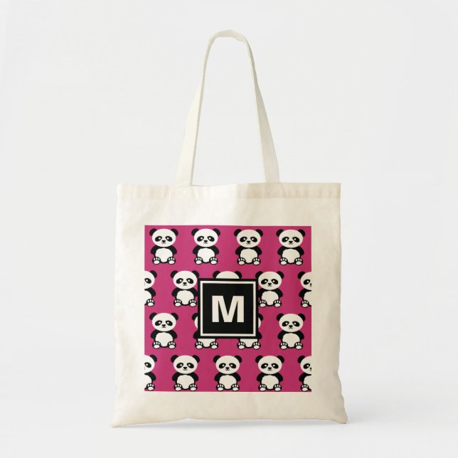Monogrammed Cute Panda Bear Animal Kawaii Pink Kid Tote Bag (Front)