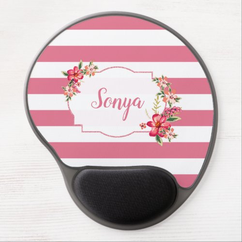 Monogrammed Cute Pink And White Stripes Gel Mouse Pad
