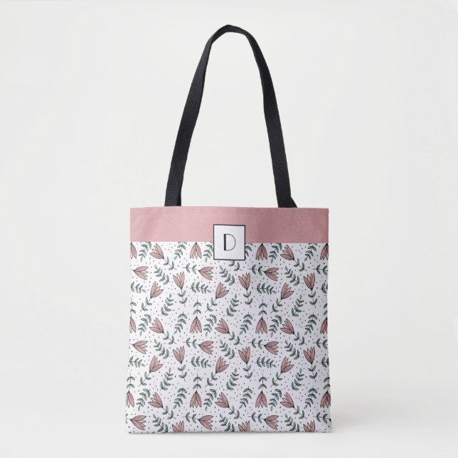 Monogrammed Cute Pink Floral Flowers Pattern Tote Bag (Front)