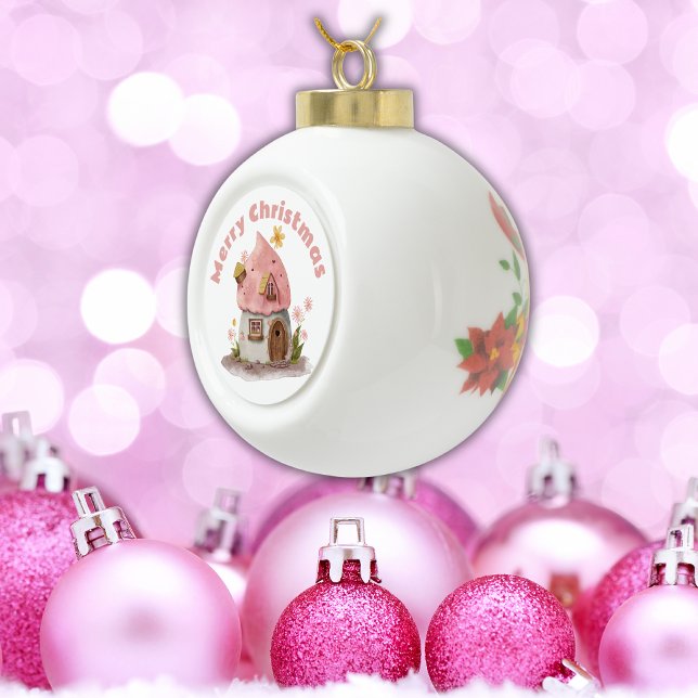 Monogrammed Cute Pink Merry Christmas Christmas |  Ceramic Ball Christmas Ornament (Creator Uploaded)