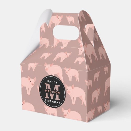 Monogrammed Cute Pink Pig Pattern Birthday Favor Boxes