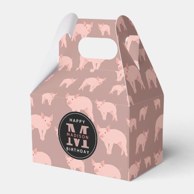 Monogrammed Cute Pink Pig Pattern Birthday Favor Boxes (Front Side)