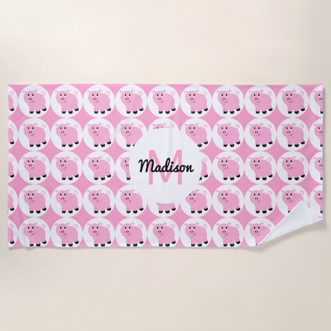 Monogrammed Cute Pink Pig Pattern Girls Animal Beach Towel (Front)