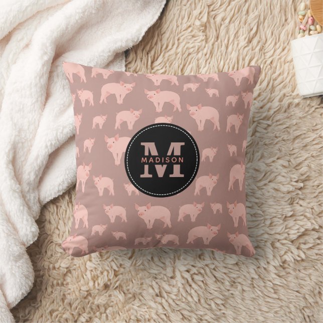 Monogrammed Cute Pink Pig Pattern  Throw Pillow (Blanket)