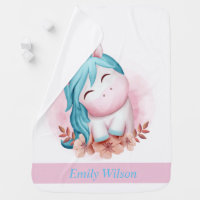 Monogrammed Cute Watercolor Smiling Unicorn Baby Blanket