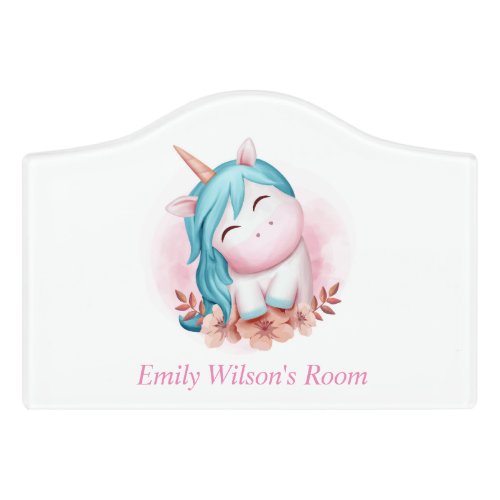 Monogrammed Cute Watercolor Smiling Unicorn Door Sign