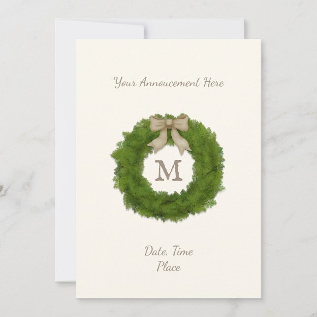 Monogrammed Cypress Evergreen Wreath Personalized  Announcement (Front)