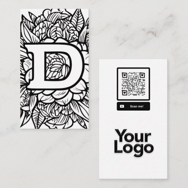 Monogrammed D Black and White Floral QR Code Logo Business Card (Front/Back)