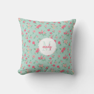 Monogrammed Dainty Pink Flowers On Teal Throw Pillow