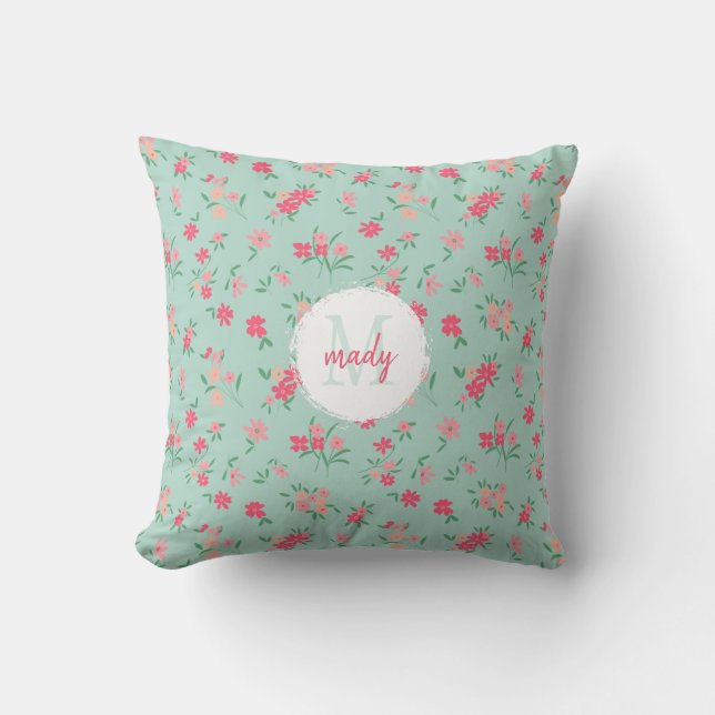 Monogrammed Dainty Pink Flowers On Teal Throw Pillow (Front)