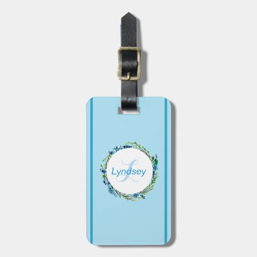  Monogrammed Dainty Sky Blue Floral Wreath   Luggage Tag