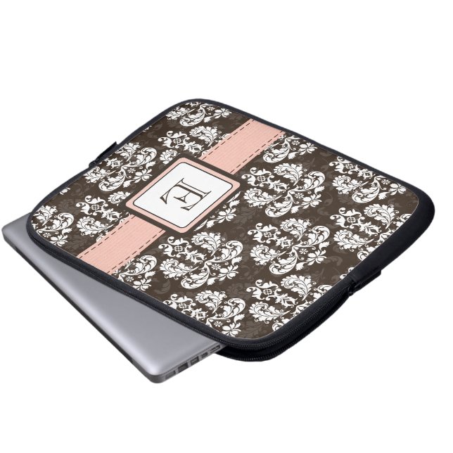 Monogrammed Damask Pink Brown Laptop Sleeve Case (Front Bottom)