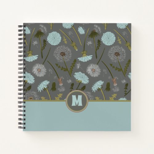 Monogrammed Dandelion Flowers Gray Blue Notebook