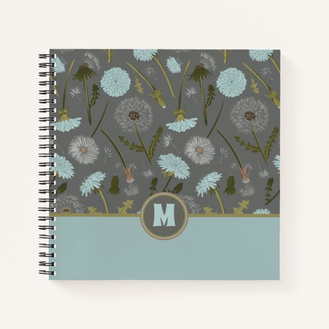 Monogrammed Dandelion Flowers Gray Blue Notebook (Front)