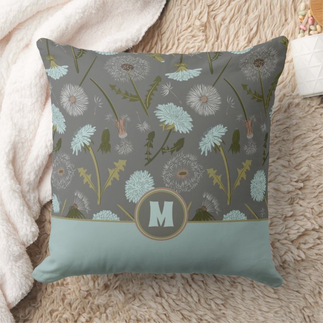 Monogrammed Dandelion Flowers Gray Blue Throw Pillow (Blanket)