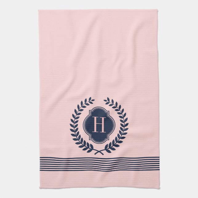 Monogrammed Dark Blue & Pink Wreath And Stripes Kitchen Towel (Vertical)
