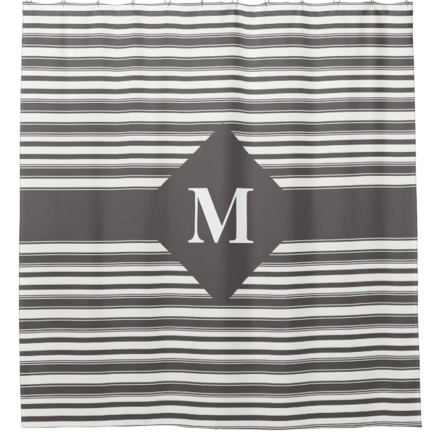 Monogrammed Dark Gray and White Stripes Shower Curtain (Front)