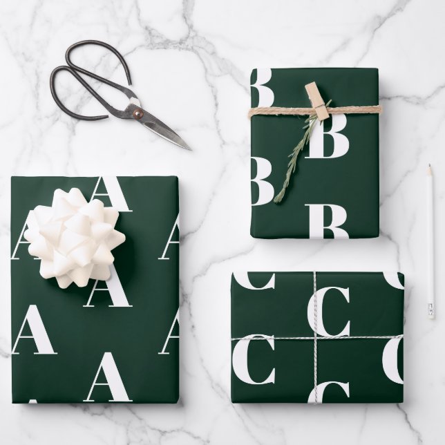 Monogrammed dark green custom initial pattern wrapping paper sheets (Front)