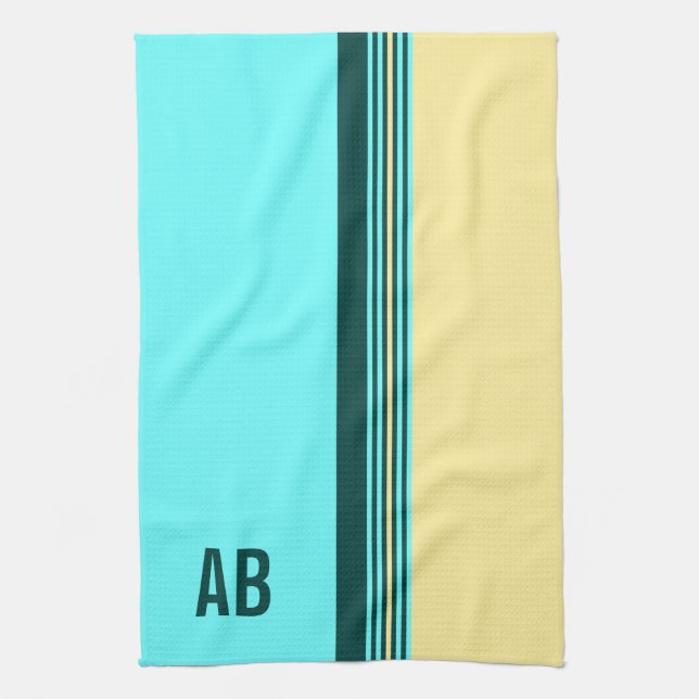Monogrammed Dark Green Yellow Blue Stripes Kitchen Towel (Vertical)