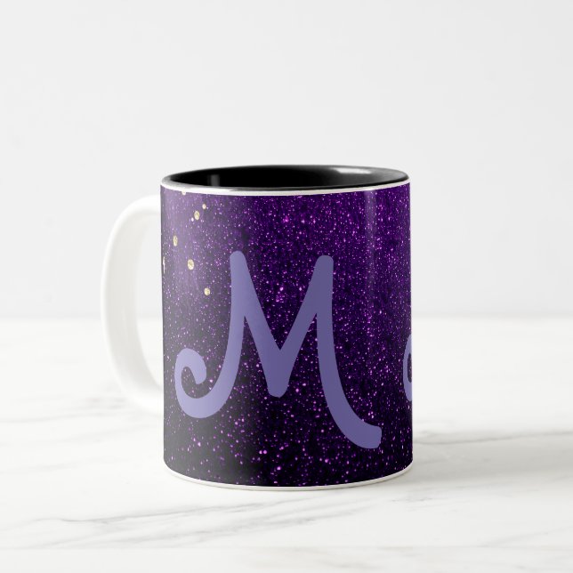 monogrammed dark purple glitter sparkles  Two-Tone coffee mug (Front Left)