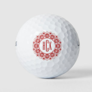 Monogrammed dark-red & white ornate mandala golf balls