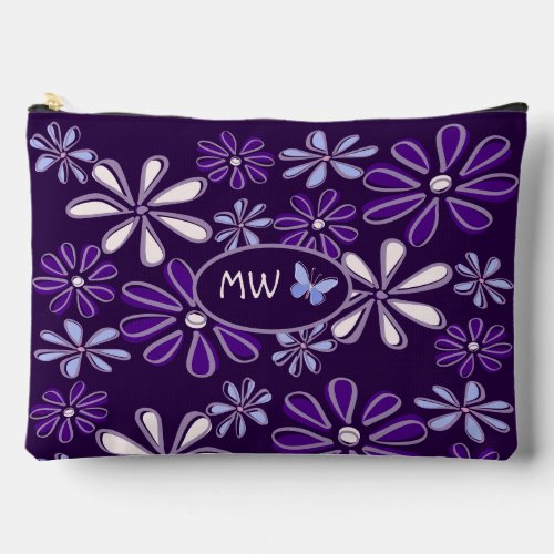Monogrammed Dark Violet Flower Butterfly Doodle Accessory Pouch