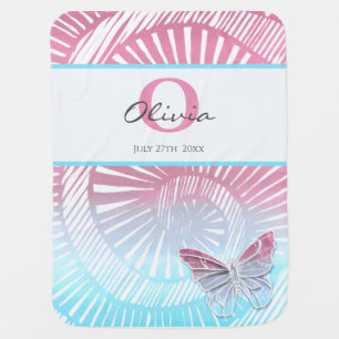 Monogrammed & Dated Pink Baby Blanket w/Butterfly
