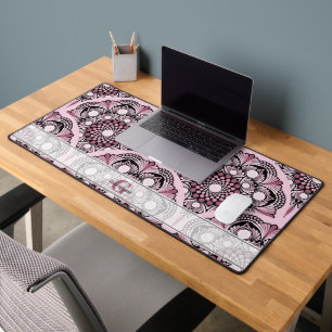 Monogrammed Deco Dusky Rose Cherry Blossom Mandala Desk Mat