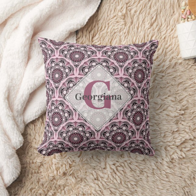 Monogrammed Deco Dusky Rose Cherry Blossom Mandala Throw Pillow (Blanket)
