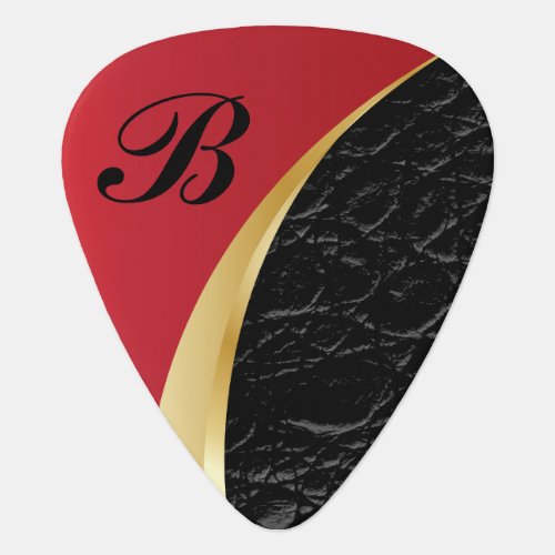 Monogrammed Deep Red Gold and Black Leather Guitar Pick