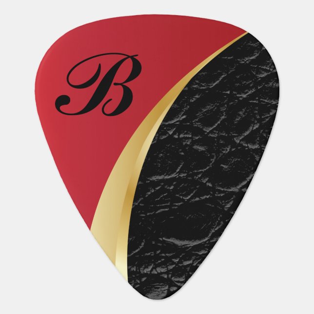 Monogrammed Deep Red Gold and Black Leather Guitar Pick (Front)