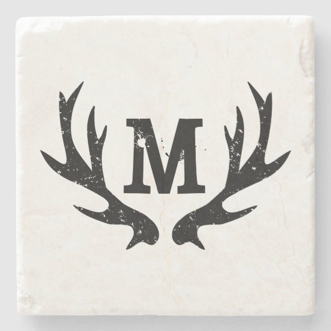Monogrammed deer antlers marble stone coasters (Front)