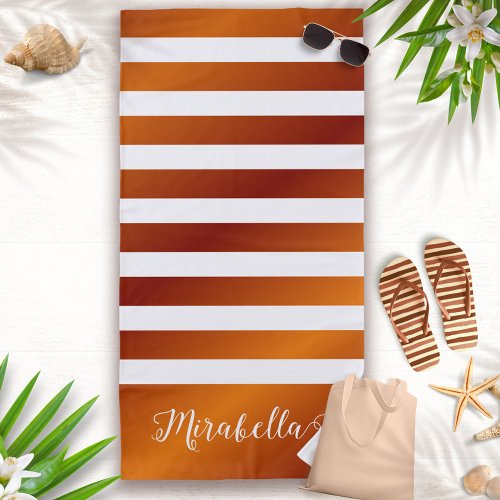 Monogrammed Desert Orange and White Stripes Beach Towel