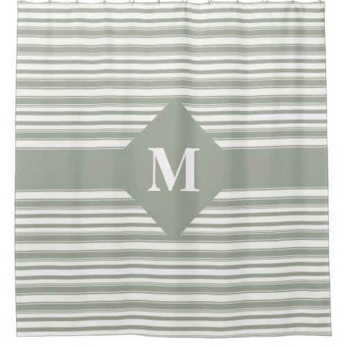 Monogrammed Desert Sage Green Gray Stripes Shower Curtain
