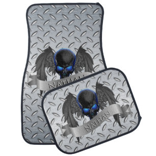 Monogrammed Diamond Plate Look Skull Car Mats
