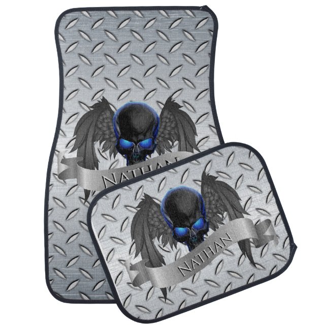 Monogrammed Diamond Plate Look Skull Car Mats (Set)