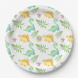 Monogrammed Dinosaur Birthday Party Paper Plates
