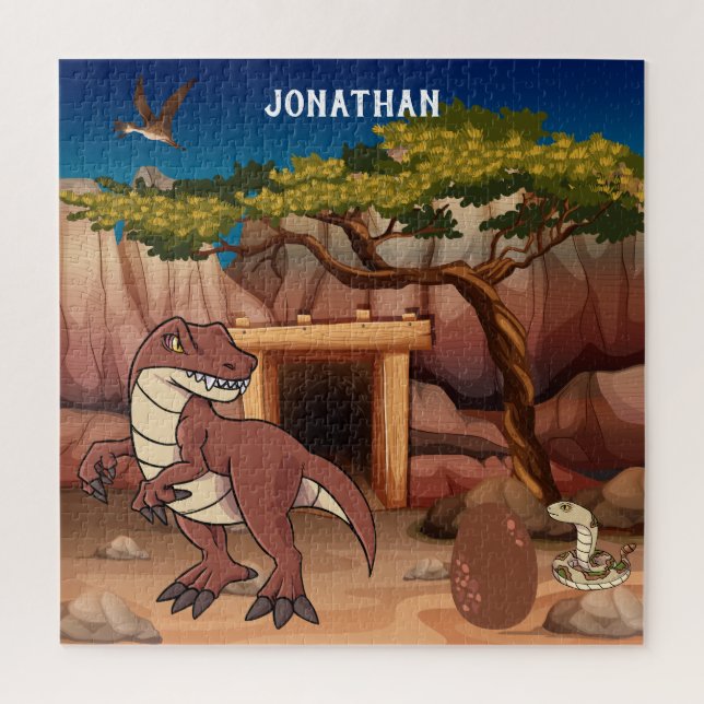 Monogrammed Dinosaurs in the jungle brown cute Jigsaw Puzzle (Vertical)