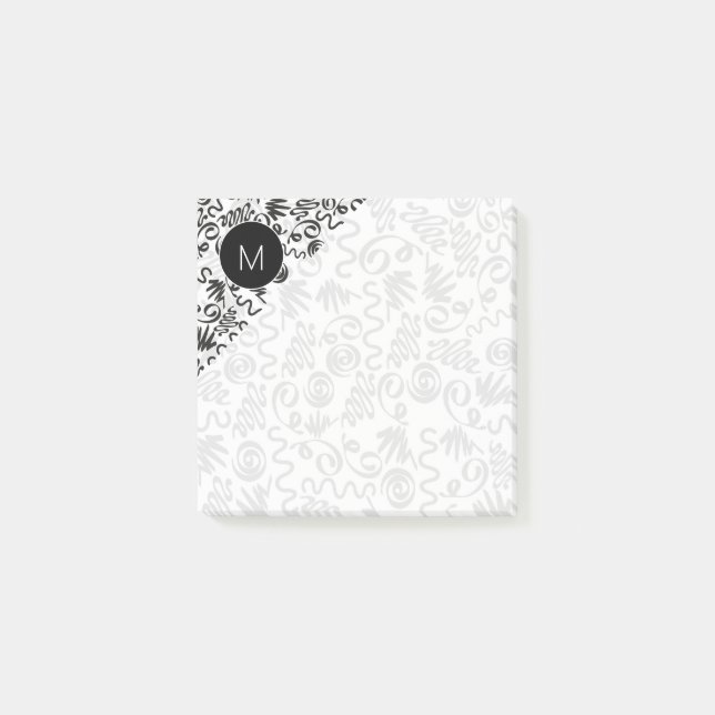Monogrammed Doodle Curls Black and White Post-it Notes (Front)