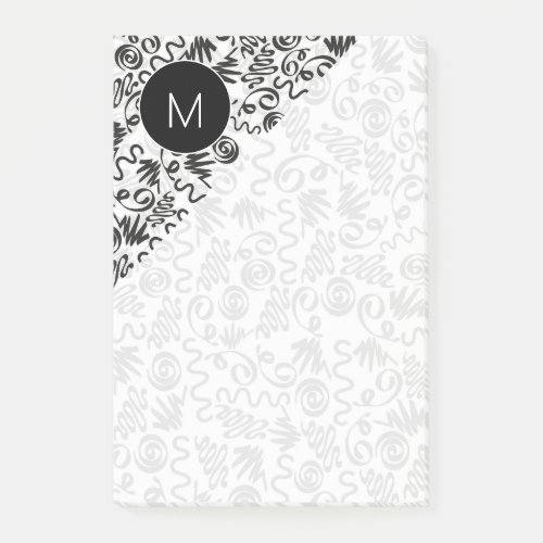 Monogrammed Doodle Curls Black and White Post-it Notes