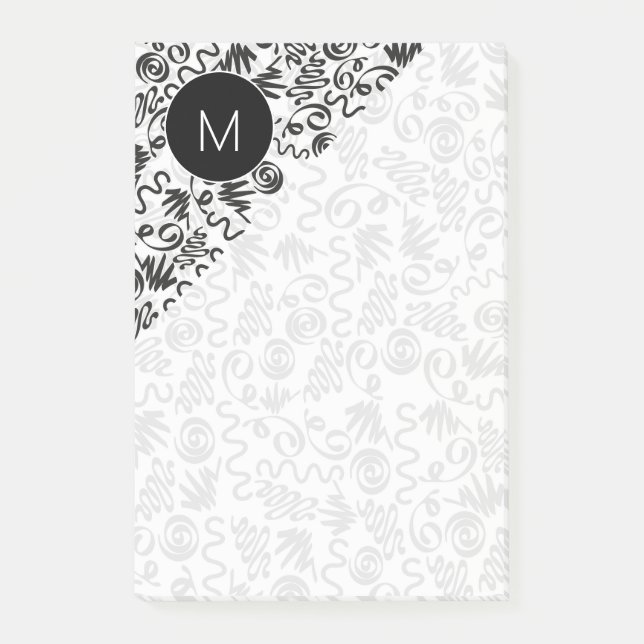 Monogrammed Doodle Curls Black and White Post-it Notes (Front)