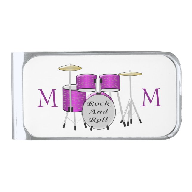Monogrammed Drums Silver Finish Money Clip (Front)