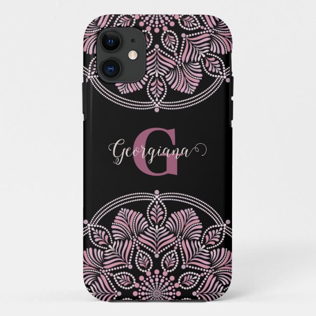 Monogrammed Dusky Rose Floral Fronds Dot Mandala Case-Mate iPhone Case (Back)