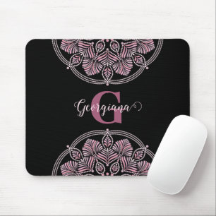 Monogrammed Dusky Rose Floral Fronds Dot Mandala Mouse Pad