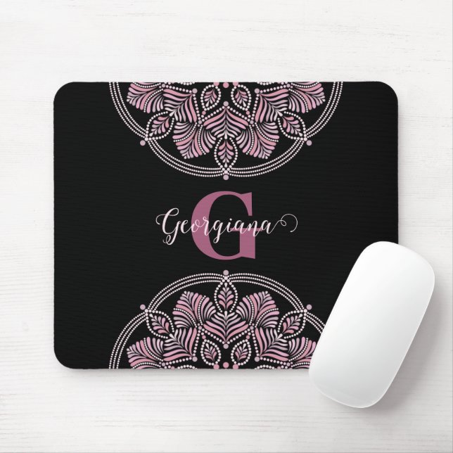Monogrammed Dusky Rose Floral Fronds Dot Mandala Mouse Pad (With Mouse)