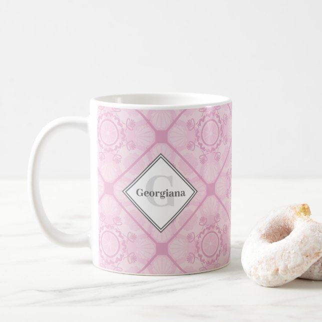 Monogrammed Dusky Rose Preppy In Pink Tile Coffee Mug (With Donut)
