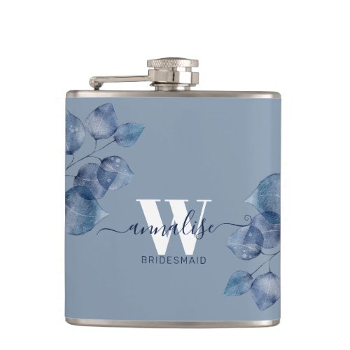 Monogrammed Dusty Blue Botanical Bridesmaid Flask