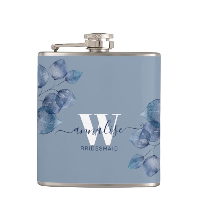Monogrammed Dusty Blue Botanical Bridesmaid Flask (Front)