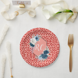 Monogrammed Dusty Blue Floral & Red Hearts Paper Plates