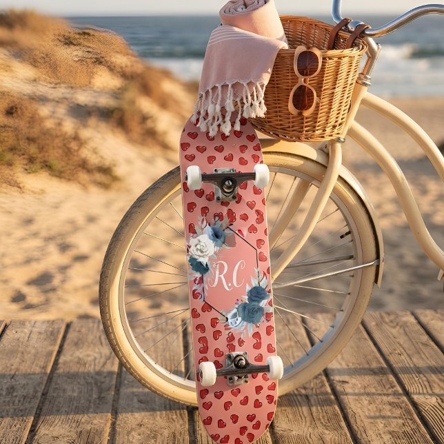 Monogrammed Dusty Blue Floral & Red Hearts Skateboard (Creator Uploaded)